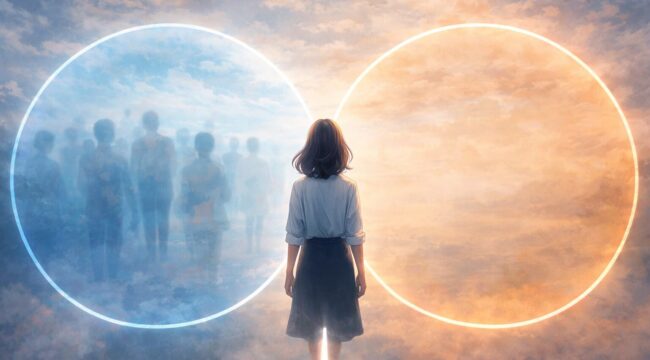 自分軸と他人軸の間に立ち、空気と自分を分けているイメージ（空気構造）