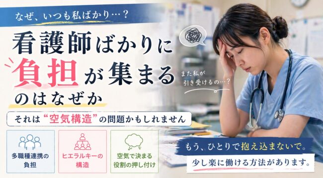 看護師ばかりに負担が集まる原因として多職種連携やヒエラルキー、空気構造の問題を表したイメージ