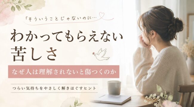 「わかってもらえない苦しさ」に悩む女性のイメージ。理解されない悲しさや孤独感、自己理解の大切さを表現した画像。