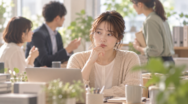 周囲の会話や表情を気にかけながら、席で考え込む女性
