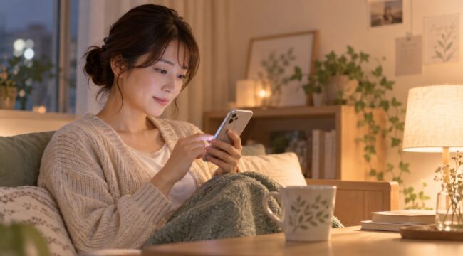 夜のリビングでスマートフォンからLINE文章伴奏を利用する女性